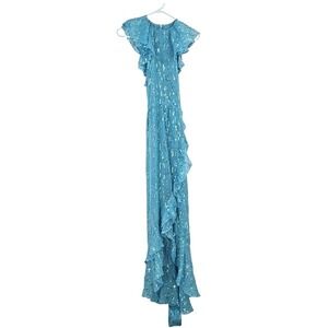 Shoshanna Midnight Maxi Dress Blue Metallic Ruffle Flutter Sleeve Formal Size 4